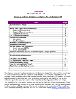 1 Avid Support Mac Cheatsheet, Ver 1.8.1 Covers up To: Media