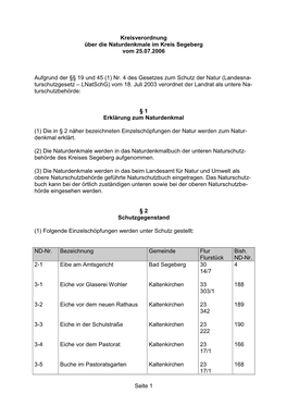 Kreisverordnung Über Die Naturdenkmale Im Kreis Segeberg Vom 25.07.2006