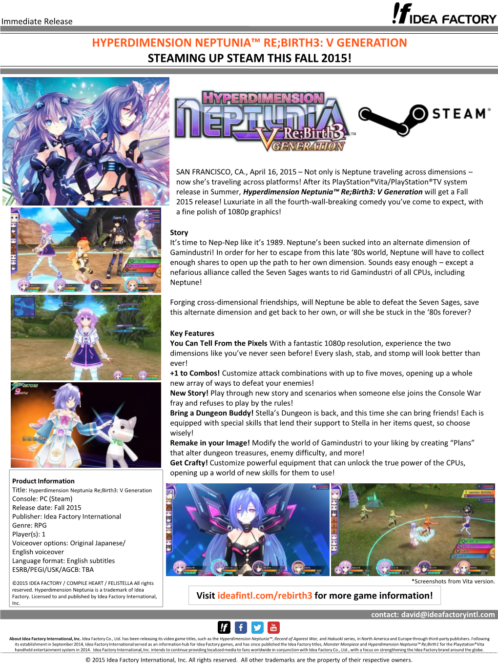 Hyperdimension Neptunia™ Re;Birth3: V Generation Steaming up Steam This Fall 2015!
