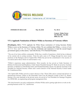 VVA Applauds Nomination of Robert Wilkie As Secretary of Veterans Affairs