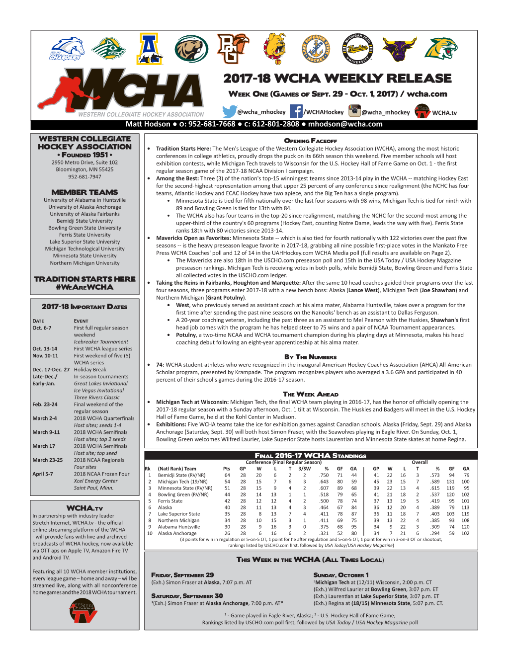 2017-18 WCHA WEEKLY RELEASE Week One (Games of Sept