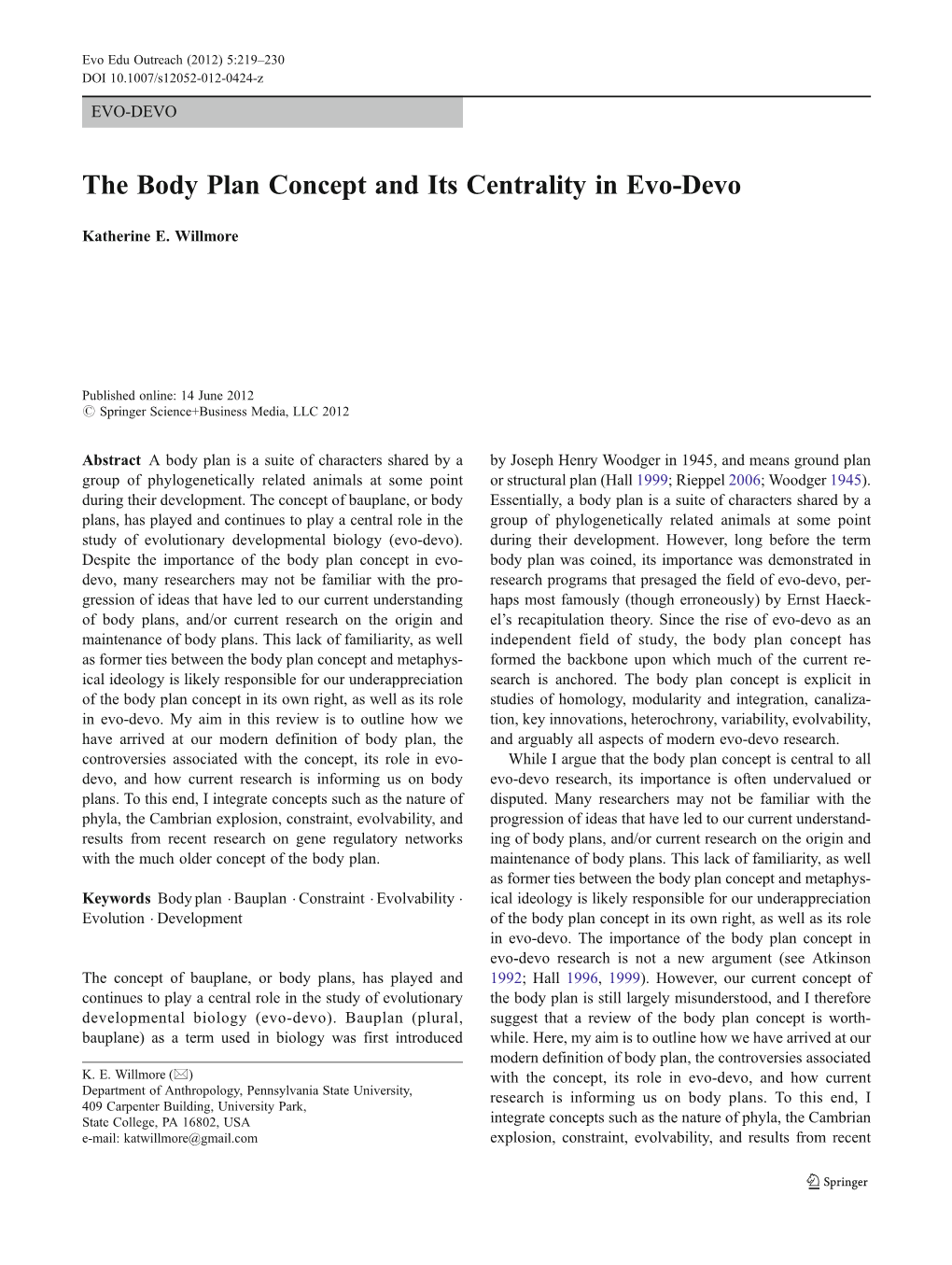 The Body Plan Concept and Its Centrality in Evo-Devo