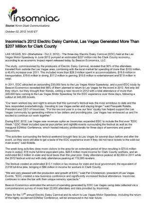 Insomniac's 2012 Electric Daisy Carnival, Las Vegas Generated More Than $207 Million for Clark County