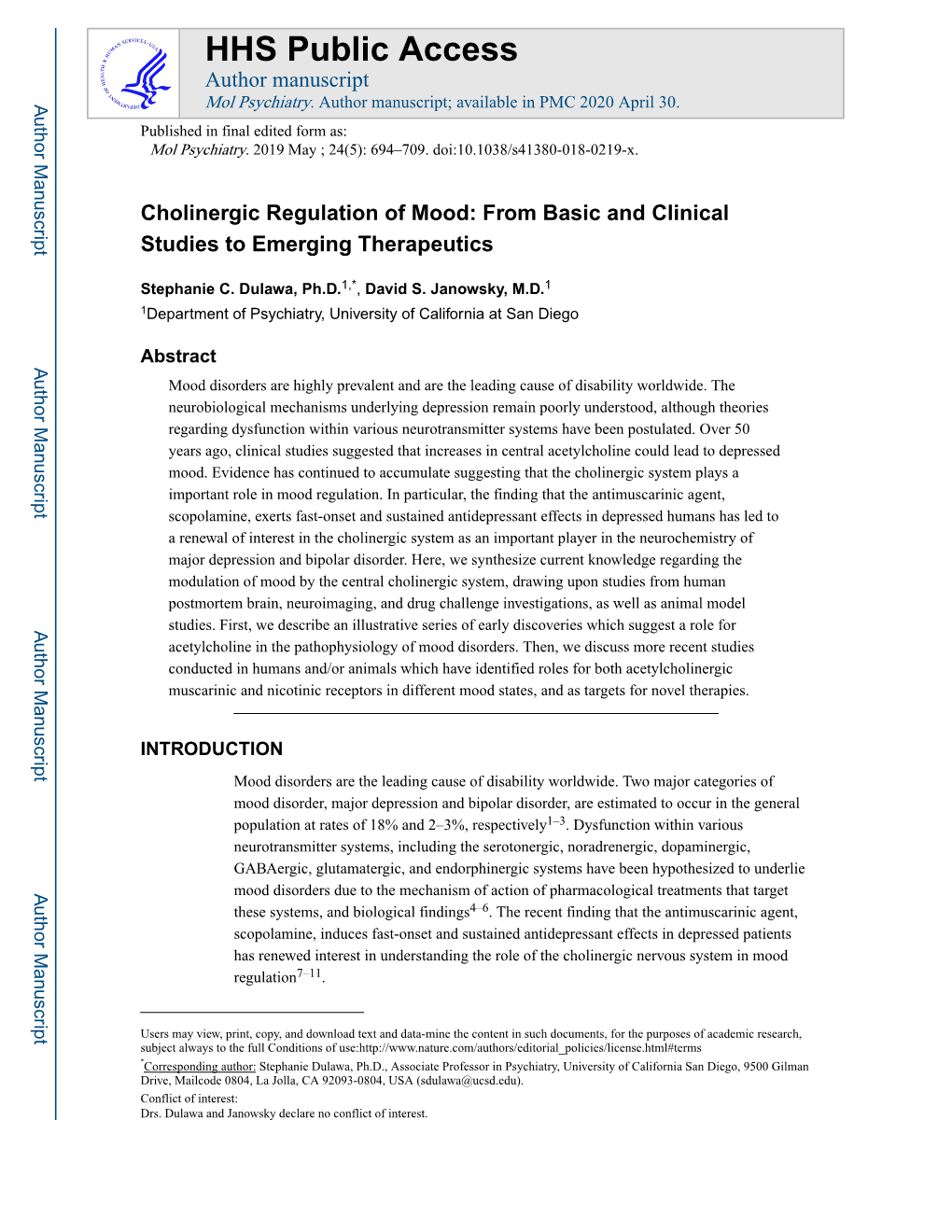 Cholinergic Regulation of Mood: from Basic and Clinical Studies to Emerging Therapeutics