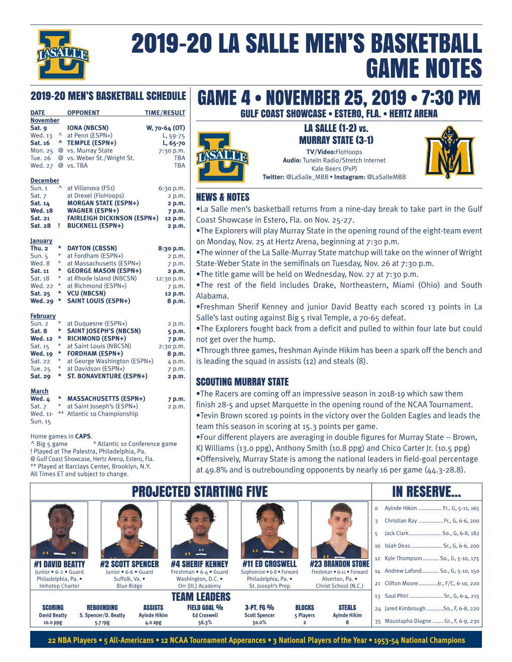 2019-20 La Salle Men's Basketball Game Notes