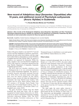 New Record of Adelphicos Daryi (Serpentes: Dipsadidae) After 19 Years, and Additional Record of Ptychohyla Euthysanota (Anura: Hylidae) in Guatemala 1,2,*J