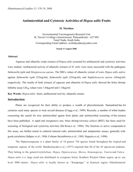 Antimicrobial and Cytotoxic Activities of Hopea Utilis Fruits