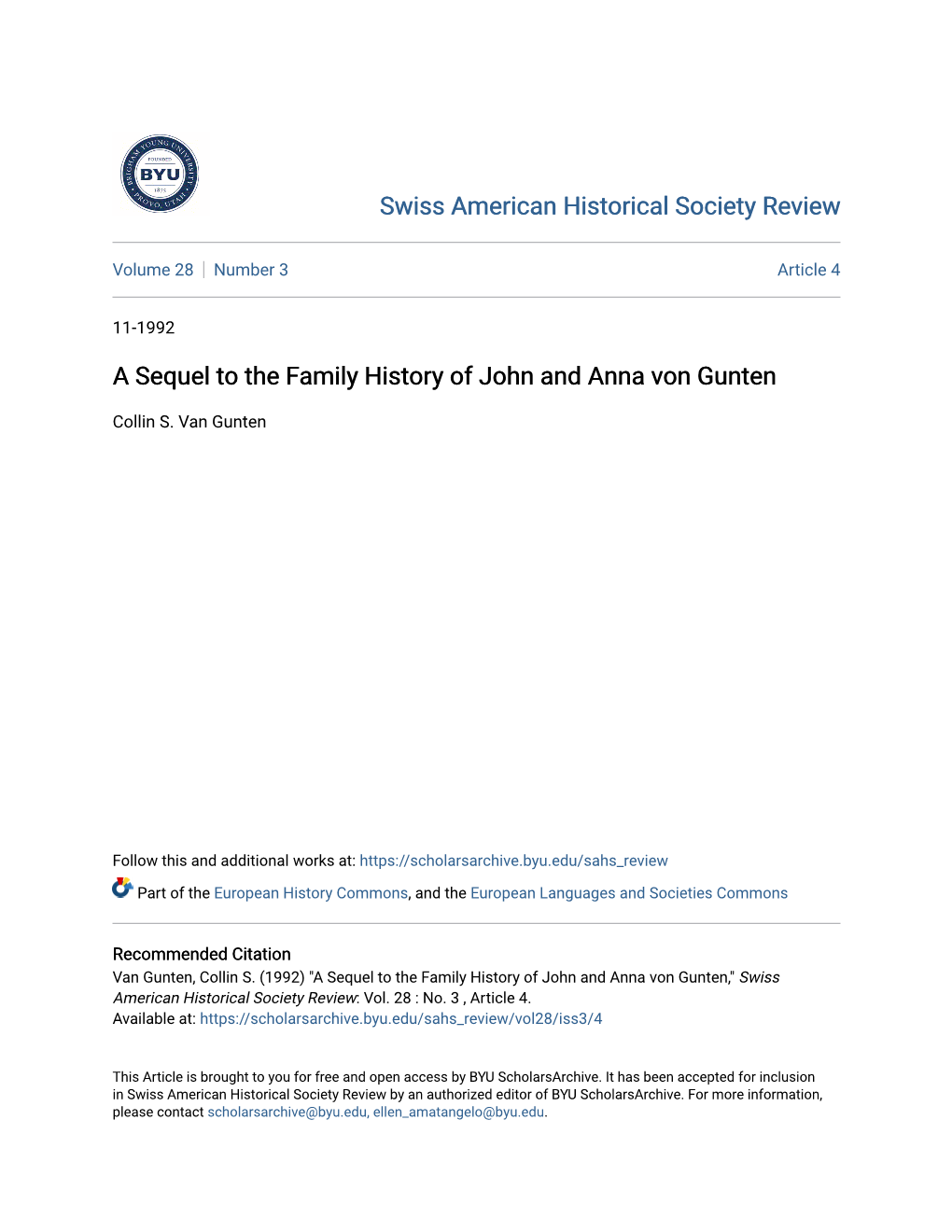 A Sequel to the Family History of John and Anna Von Gunten