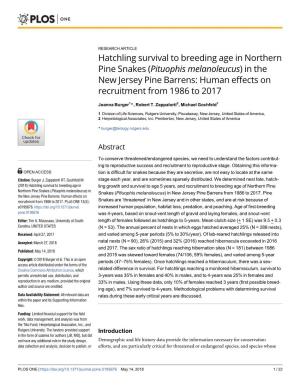 Hatchling Survival to Breeding Age in Northern Pine Snakes (Pituophis Melanoleucus) in the New Jersey Pine Barrens: Human Effects on Recruitment from 1986 to 2017