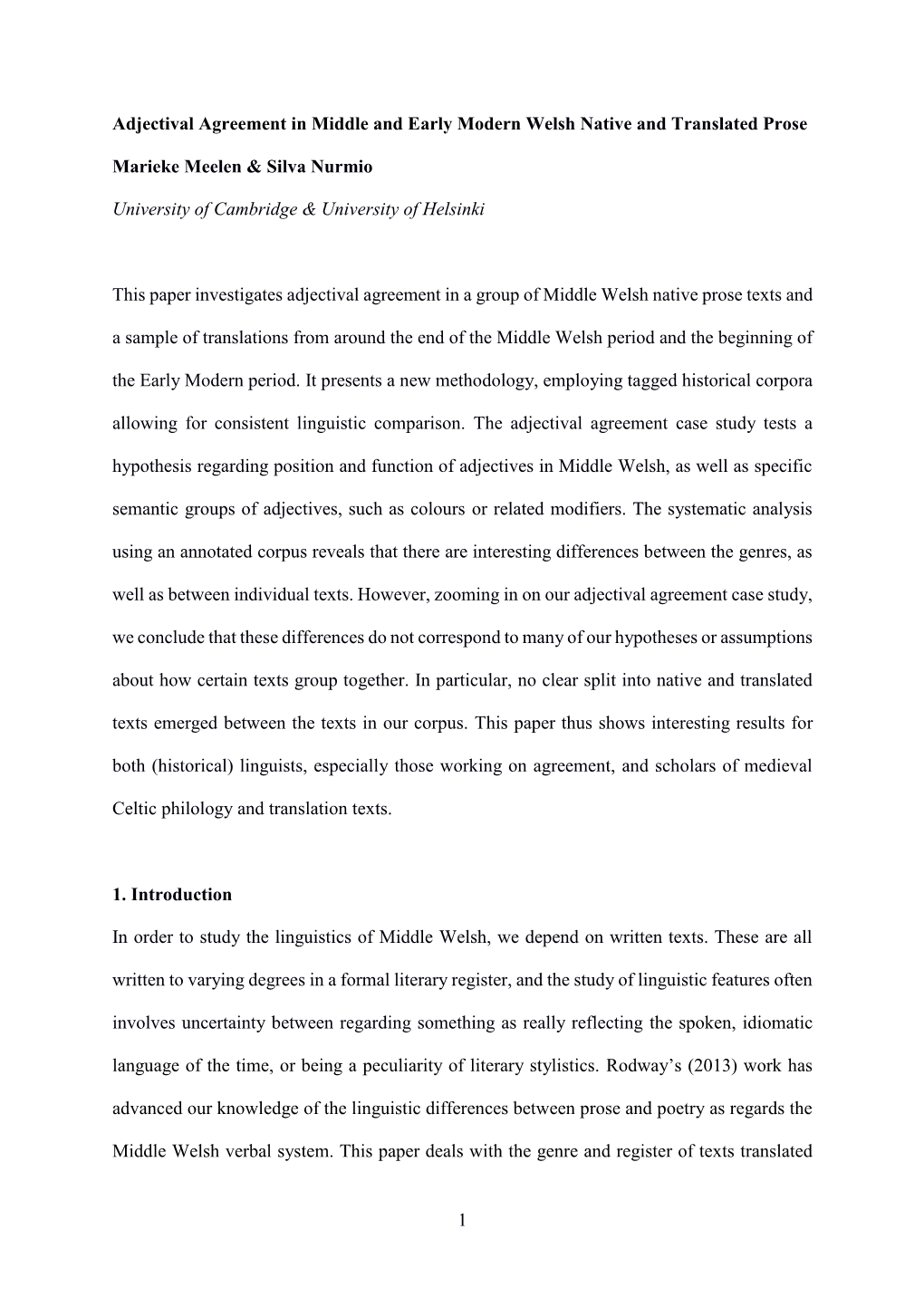 1 Adjectival Agreement in Middle and Early Modern Welsh Native And