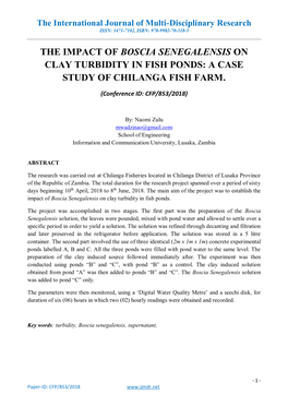 The Impact of Boscia Senegalensis on Clay Turbidity in Fish Ponds: a Case Study of Chilanga Fish Farm