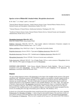 Species Review of Blainville's Beaked Whale, Mesoplodon Densirostris