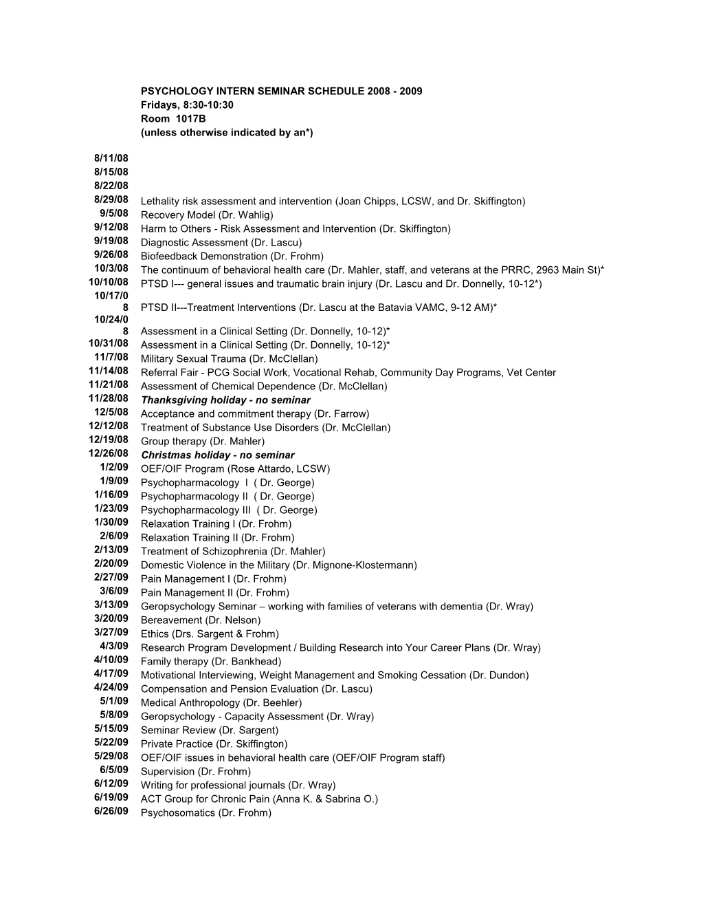 Psychology Intern Seminar Schedule 2008 - 2009