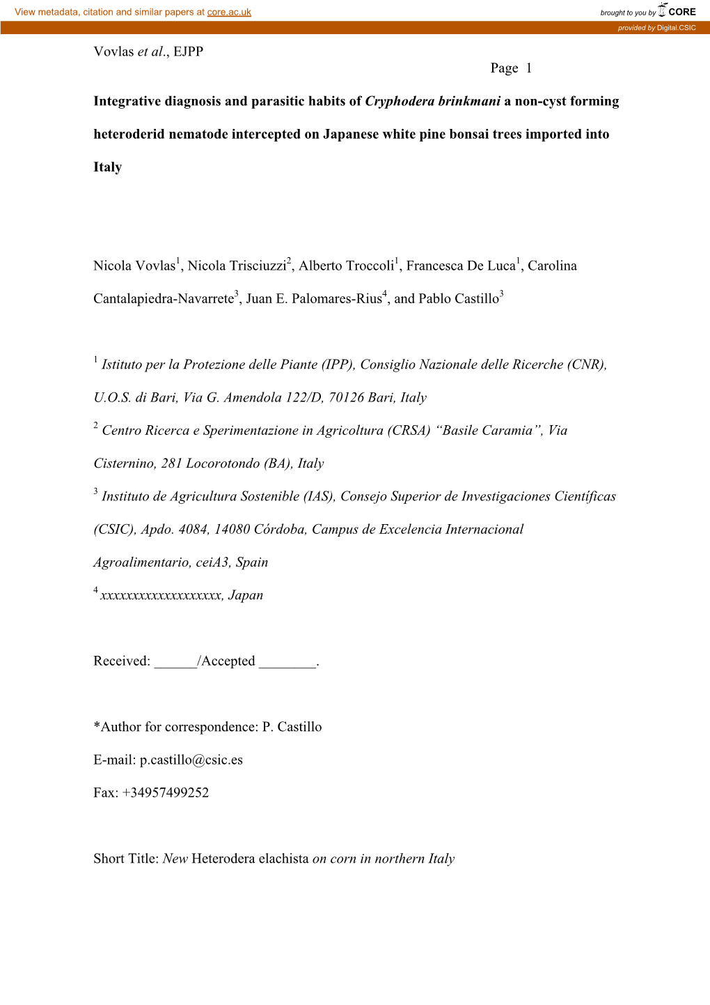 Vovlas Et Al., EJPP Page 1 Integrative Diagnosis and Parasitic Habits of Cryphodera Brinkmani a Non-Cyst Forming Heteroderid Ne