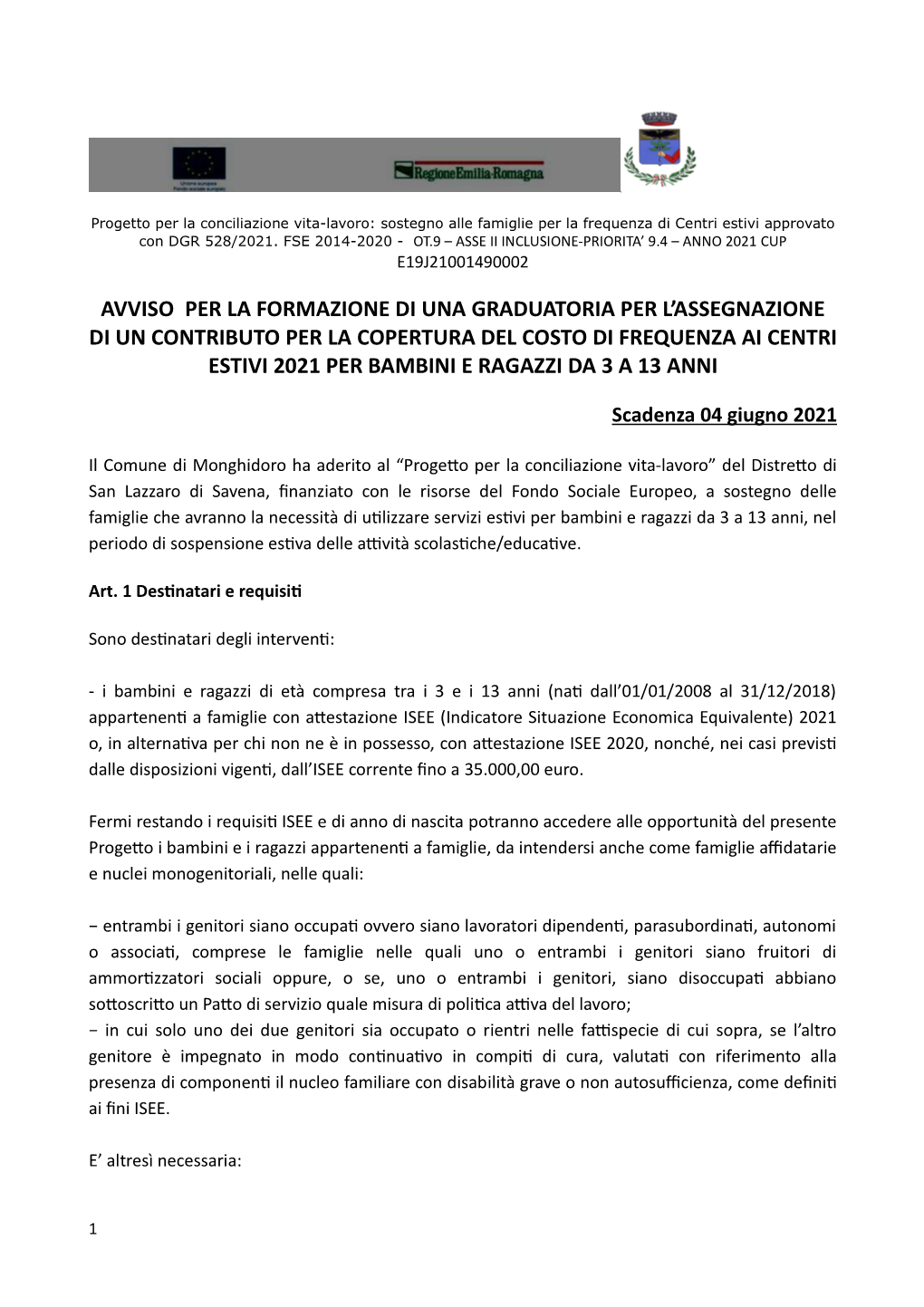 Avviso Per La Formazione Di Una Graduatoria Per L'assegnazione Di Un Contributo Per La