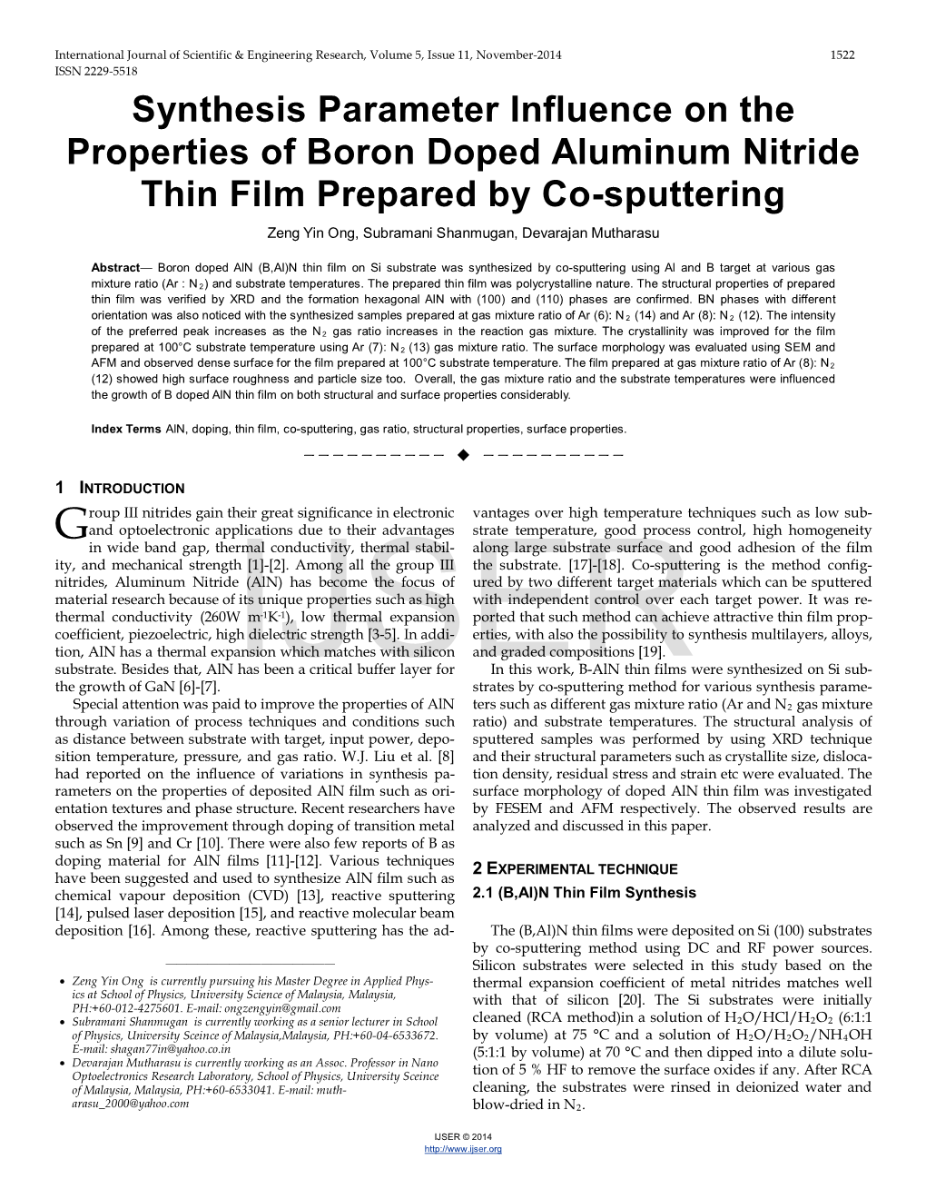 Synthesis Parameter Influence on the Properties of Boron Doped