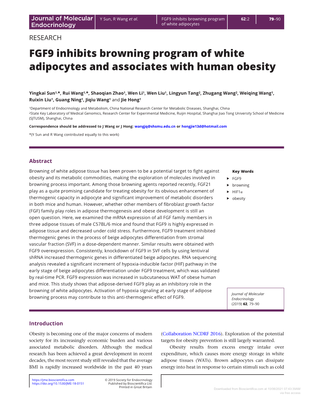 FGF9 Inhibits Browning Program of White Adipocytes and Associates with Human Obesity