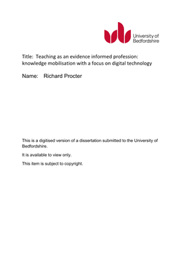 Title: Teaching As an Evidence Informed Profession: Knowledge Mobilisation with a Focus on Digital Technology