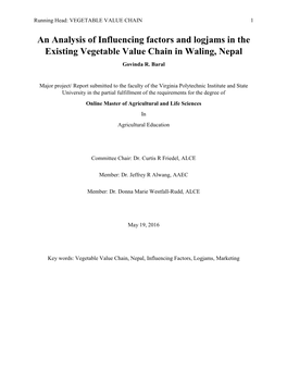 An Analysis of Influencing Factors and Logjams in the Existing Vegetable Value Chain in Waling, Nepal Govinda R