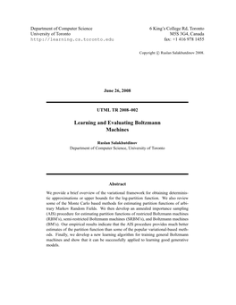 Learning and Evaluating Boltzmann Machines