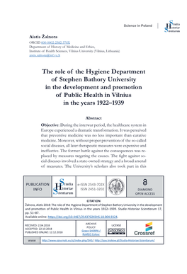 The Role of the Hygiene Department of Stephen Bathory University in the Development and Promotion of Public Health in Vilnius in the Years 1922–1939