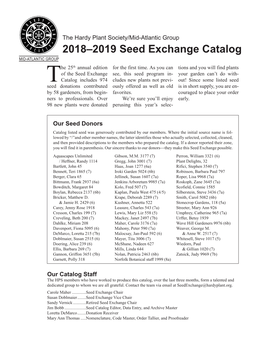2018–2019 Seed Exchange Catalog MID-ATLANTIC GROUP He 25Th Annual Edition for the First Time