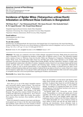 Incidence of Spider Mites (Tetranychus Urticae Koch) Infestation on Different Rose Cultivars in Bangladesh