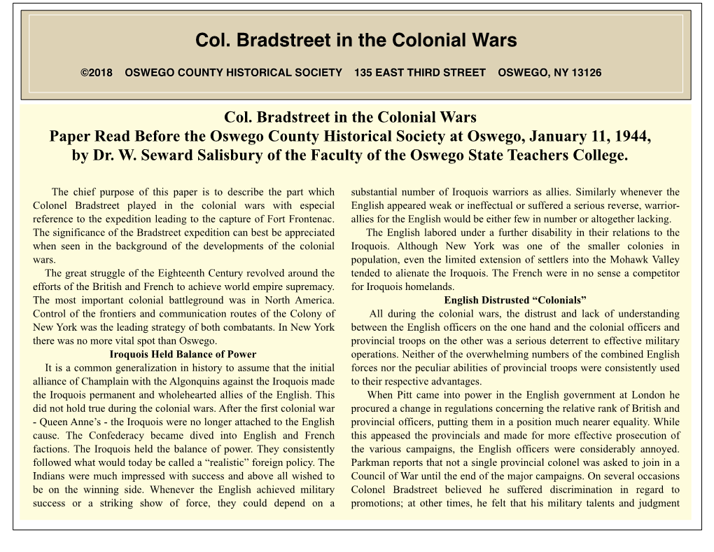 Col. Bradstreet in the Colonial Wars