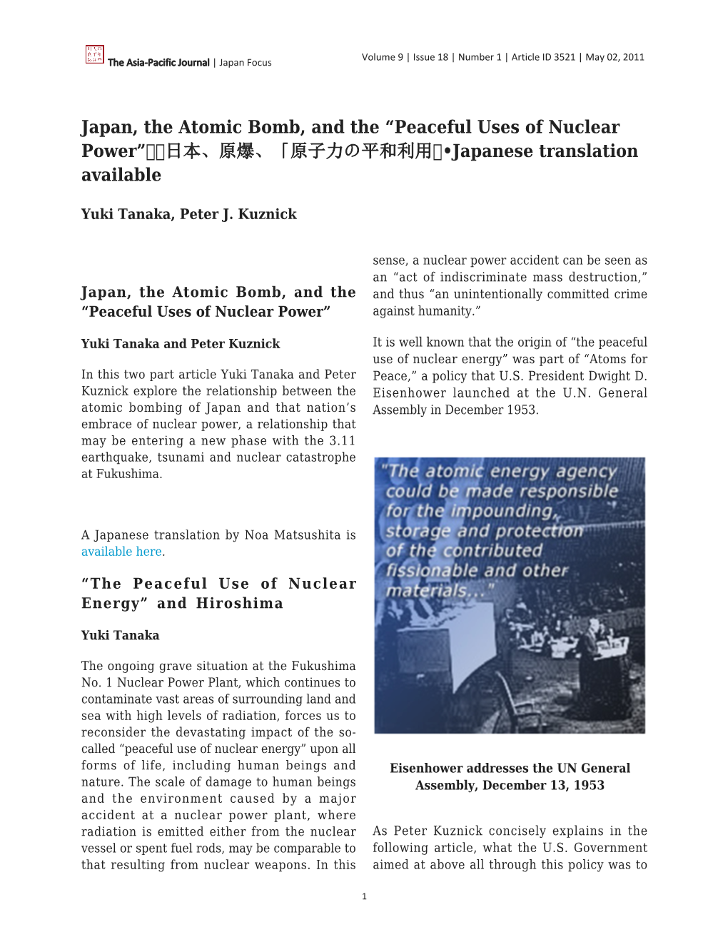 Japan, the Atomic Bomb, and the “Peaceful Uses of Nuclear Power” 日本、原爆、「原子力の平和利用」•Japanese Translation Available
