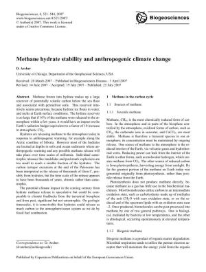 Methane Hydrate Stability and Anthropogenic Climate Change
