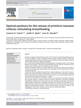 Optimal Positions for the Release of Primitive Neonatal Reflexes Stimulating Breastfeeding ARTICLE in PRESS