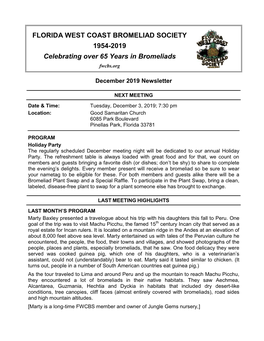 FLORIDA WEST COAST BROMELIAD SOCIETY 1954-2019 Celebrating Over 65 Years in Bromeliads Fwcbs.Org