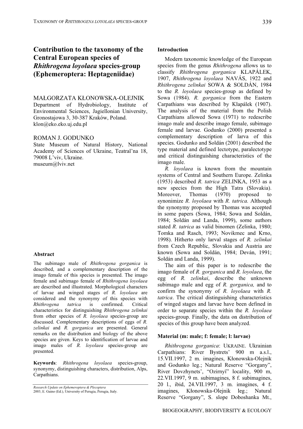 Contribution to the Taxonomy of the Central European Species Of