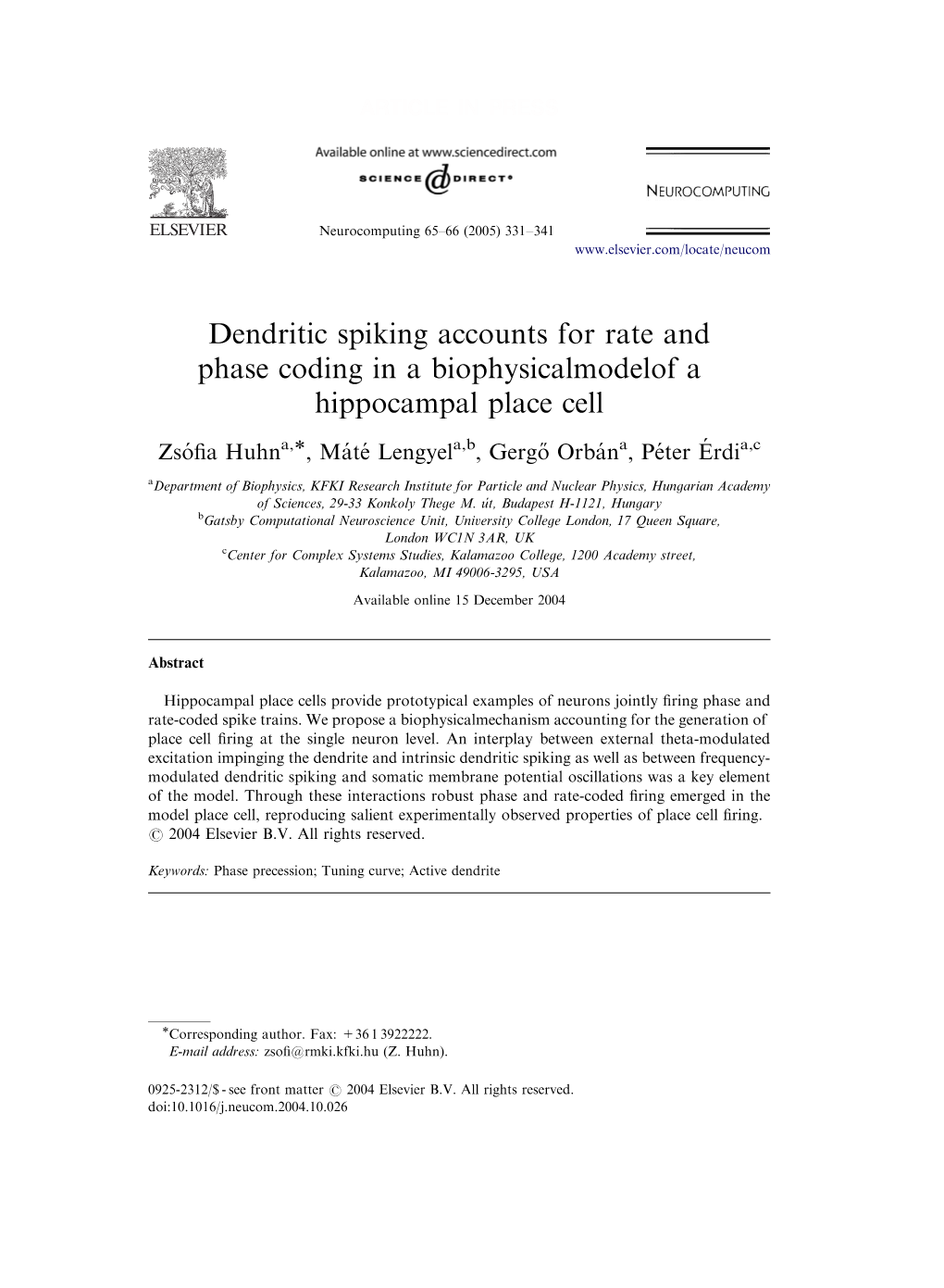 Dendritic Spiking Accounts for Rate and Phase Coding in a Biophysicalmodelof a Hippocampal Place Cell