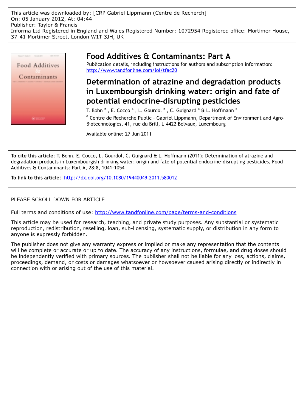 Determination of Atrazine and Degradation Products in Luxembourgish Drinking Water: Origin and Fate of Potential Endocrine-Disrupting Pesticides T