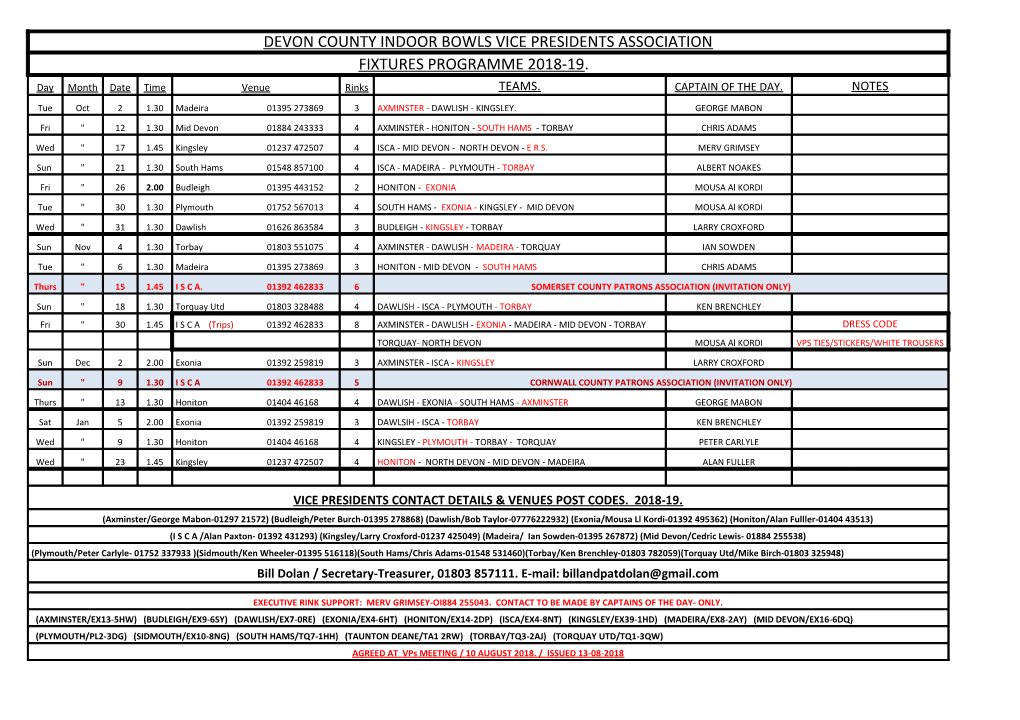 DEVON COUNTY INDOOR BOWLS VICE PRESIDENTS ASSOCIATION FIXTURES PROGRAMME 2018-19. Day Month Date Time Venue Rinks TEAMS