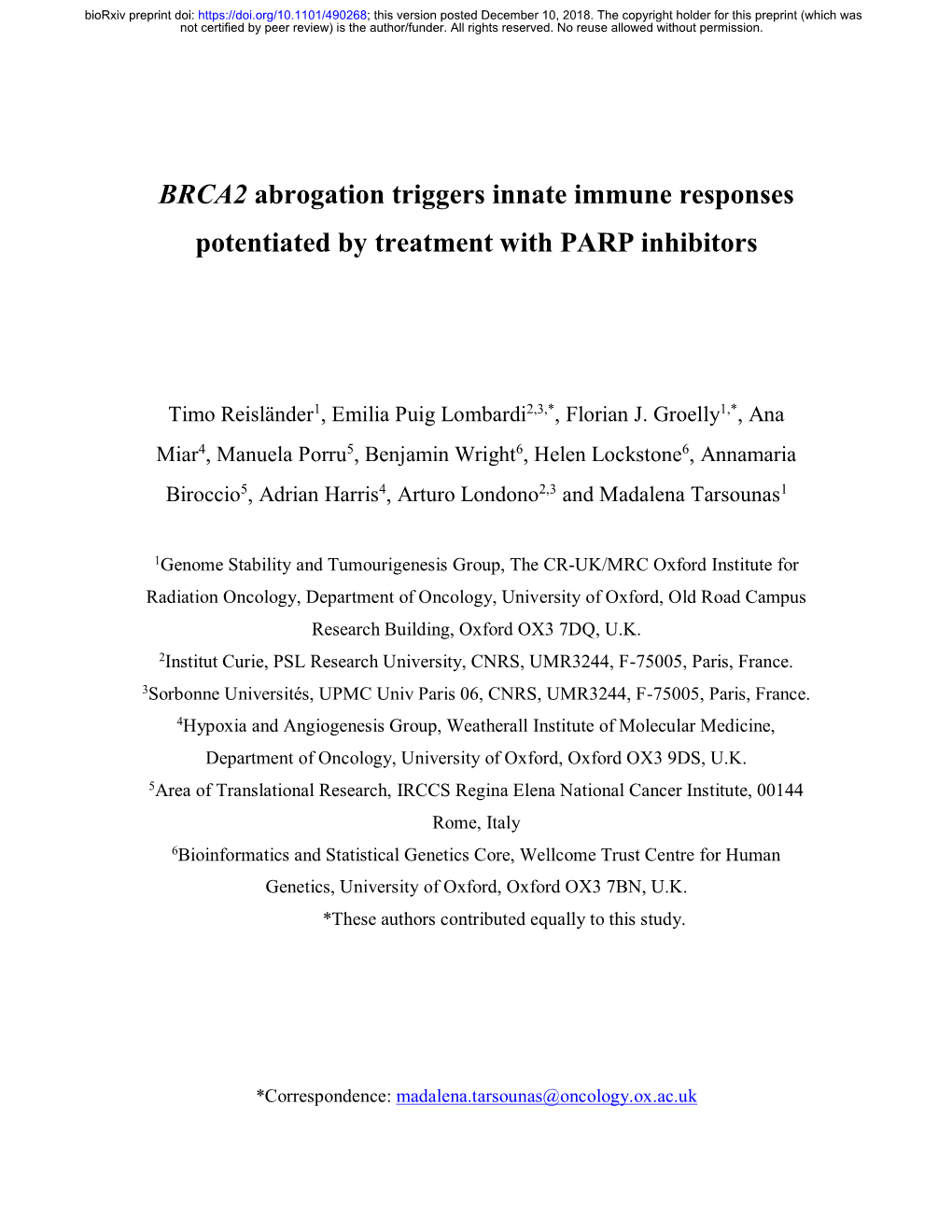 BRCA2 Abrogation Triggers Innate Immune Responses Potentiated by Treatment with PARP Inhibitors