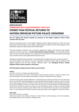 Sydney Film Festival Returns to Hayden Orpheum Picture Palace Cremorne