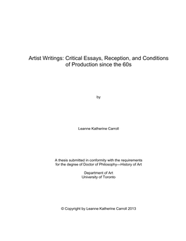 Artist Writings: Critical Essays, Reception, and Conditions of Production Since the 60S