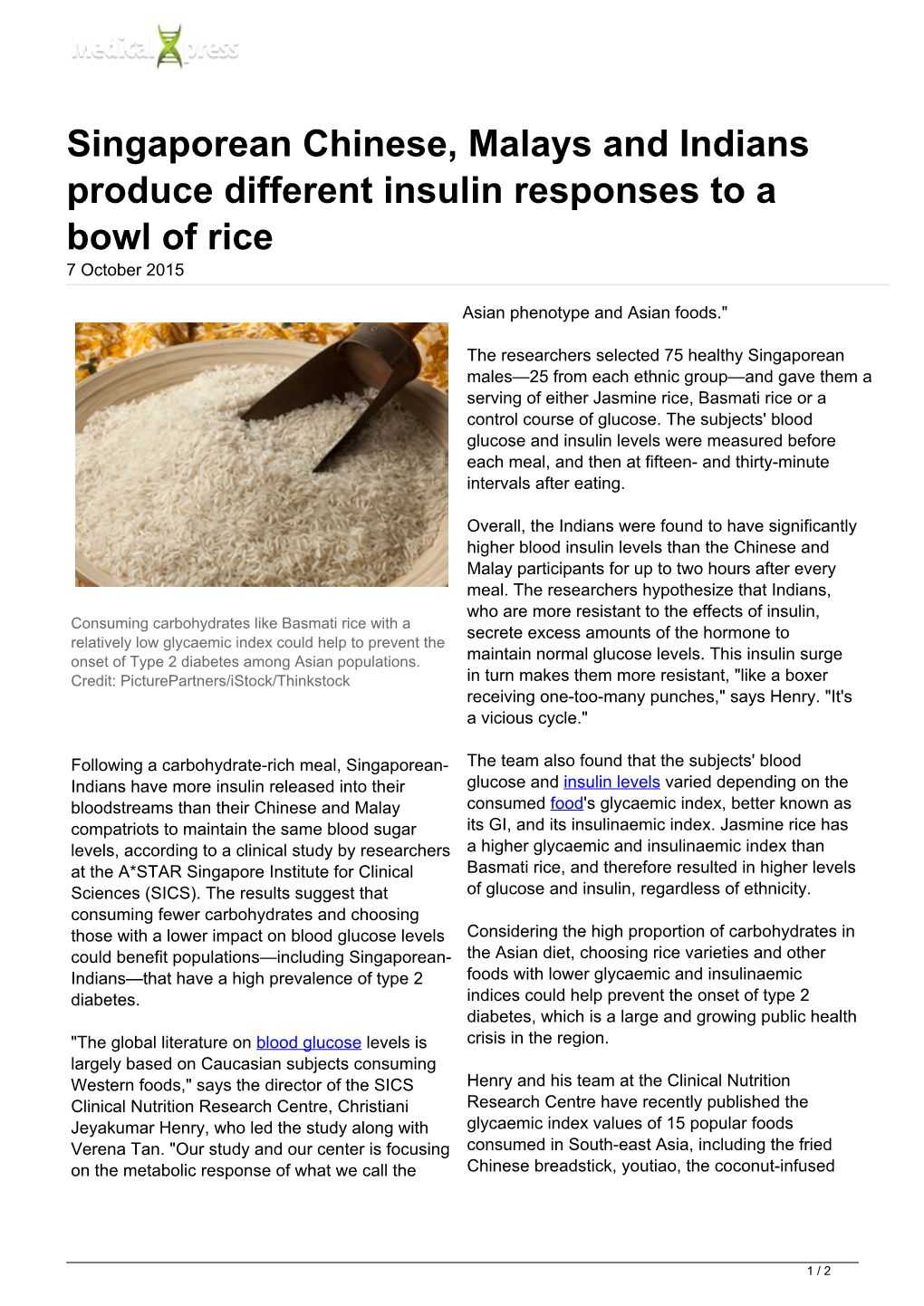 Singaporean Chinese, Malays and Indians Produce Different Insulin Responses to a Bowl of Rice 7 October 2015