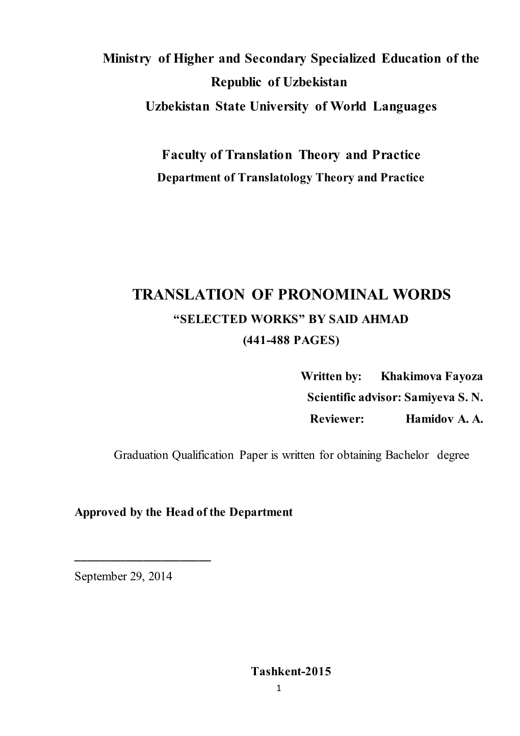 Translation of Pronominal Words “Selected Works” by Said Ahmad (441-488 Pages)