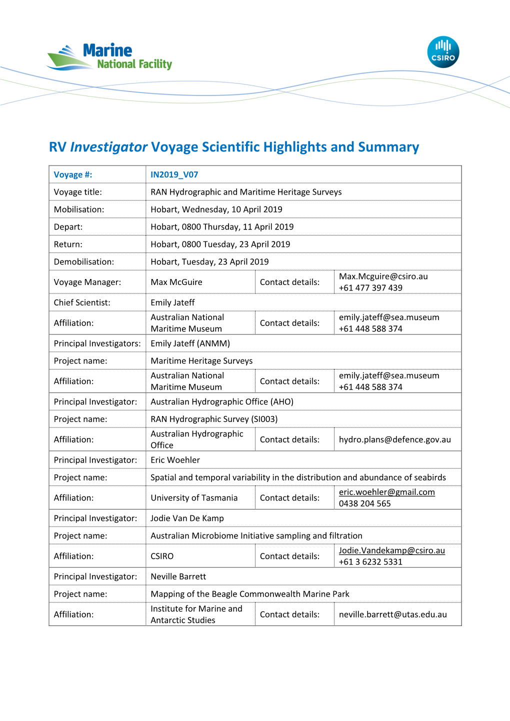 Voyage Scientific Highlights and Summary Template