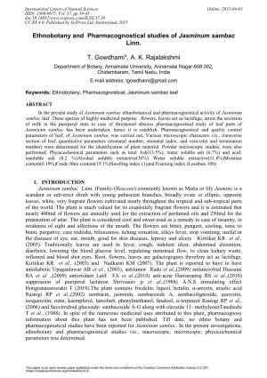 Ethnobotany and Pharmacognostical Studies of Jasminum Sambac Linn