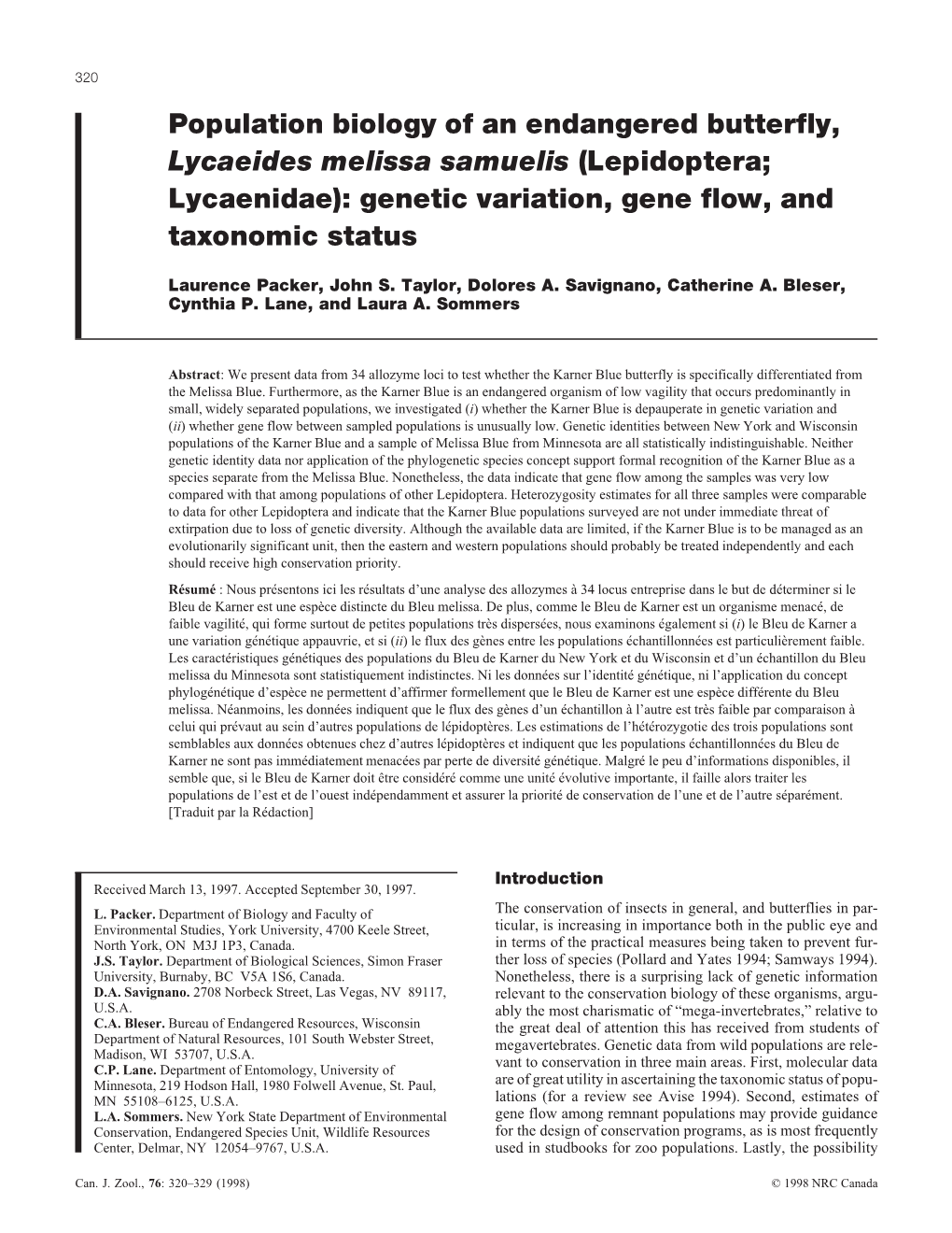 Population Biology of an Endangered Butterfly, Lycaeides Melissa Samuelis (Lepidoptera; Lycaenidae): Genetic Variation, Gene Flow, and Taxonomic Status