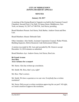 City of Middletown Zoning Board of Appeals Minutes