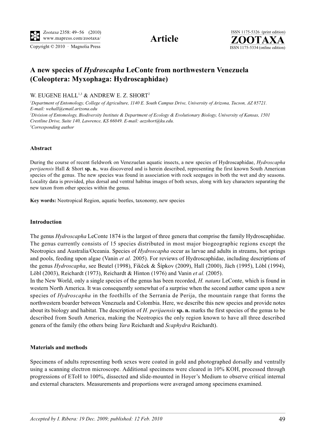 Zootaxa, a New Species of Hydroscapha Leconte From