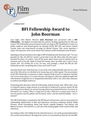BFI Fellowship Award to John Boorman