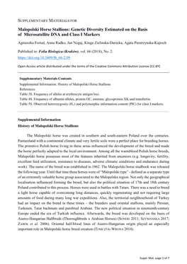 Malopolski Horse Stallions: Genetic Diversity Estimated on the Basis of Microsatellite DNA and Class I Markers