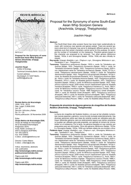 Proposal for the Synonymy of Some South-East Asian Whip Scorpion Genera (Arachnida, Uropygi, Thelyphonida)