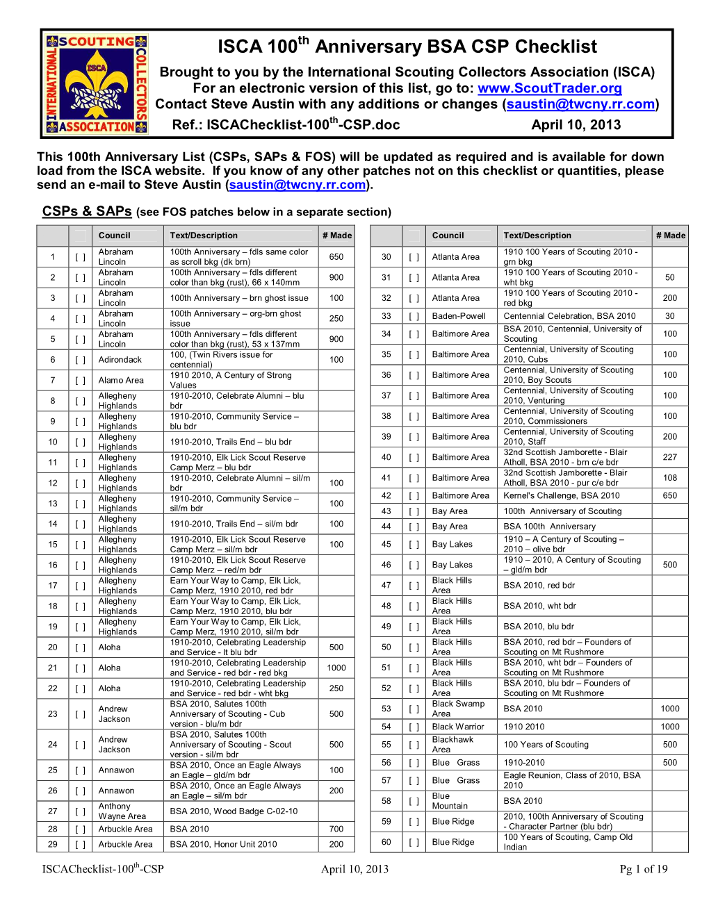 ISCA 100 Anniversary BSA CSP Checklist Brought to You by the International Scouting Collectors Association (ISCA)